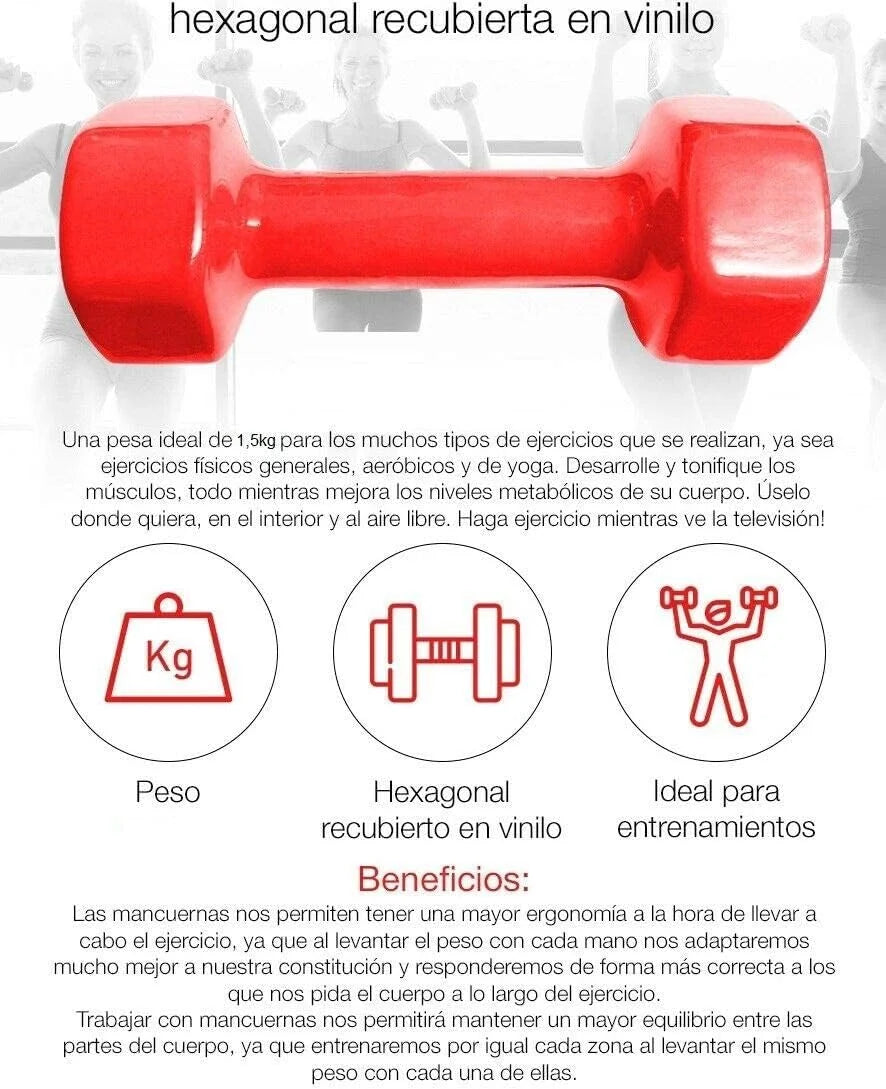 Pesa Mancuernas de neopreno 1, 1,5, 2, y 3 kilos color azul y rojo, cortas Anti-rolling pack 2 unidades.