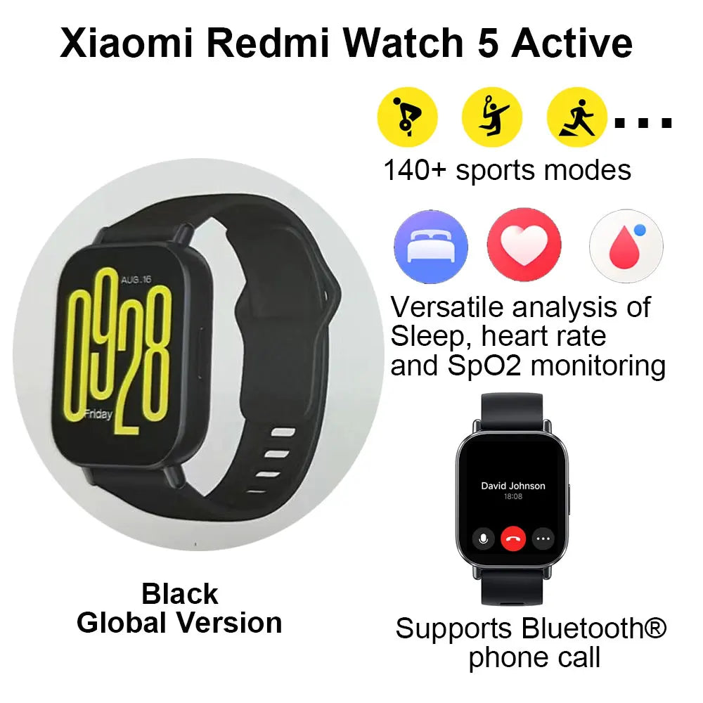 Xiaomi Redmi Watch 5 Active Smart Watch Bluetooth 5.3, monitor de oxígeno en sangre, frecuencia cardíaca, llamadas de voz por Bluetooth, pantalla LCD de 2 pulgadas.