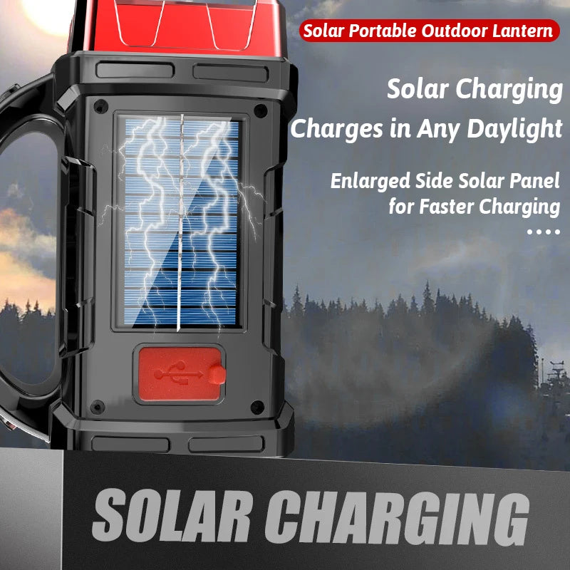Luz LED solar recargable de doble color y doble fuente de luz, 16 LED, función de banco de energía USB, interruptores múltiples, iluminación portátil para exteriores
