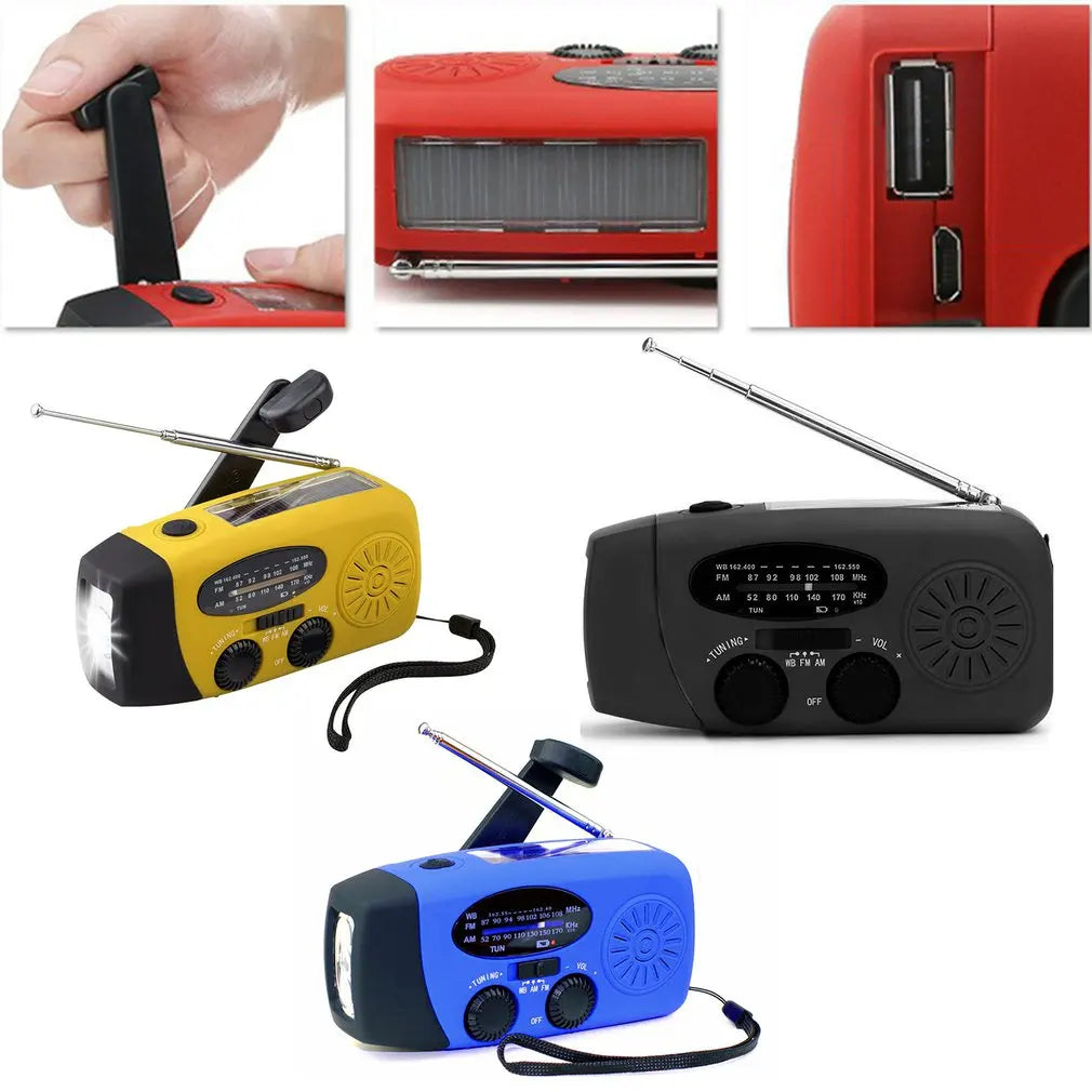 Radio de emergencia para acampar al aire libre, radio solar con dinamo y manivela, FM/AM/NOAA, cargador de teléfono de 2000 mAh, batería externa, linterna SOS