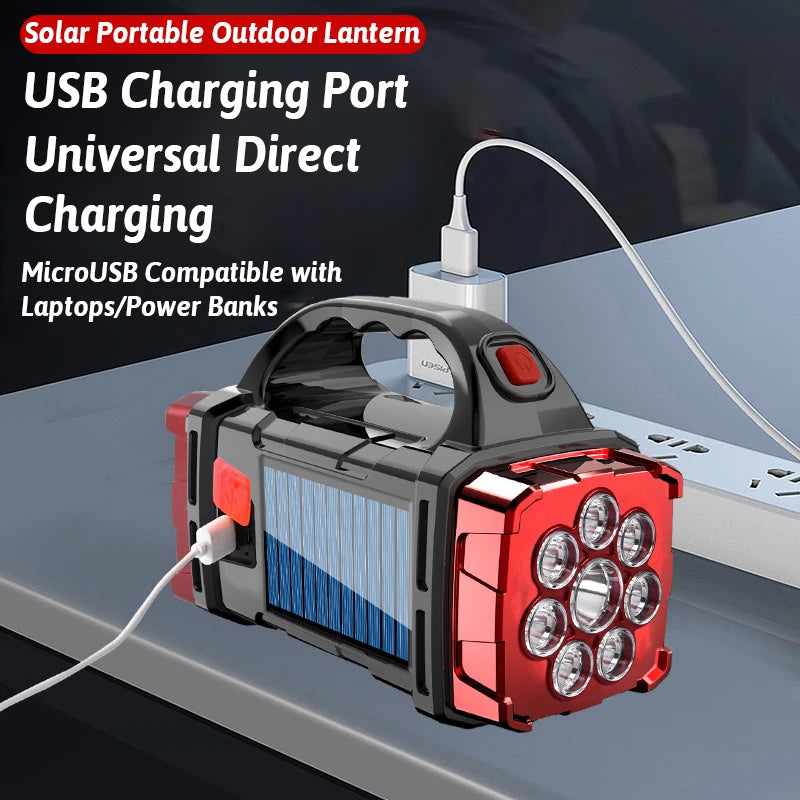 Luz LED solar recargable de doble color y doble fuente de luz, 16 LED, función de banco de energía USB, interruptores múltiples, iluminación portátil para exteriores