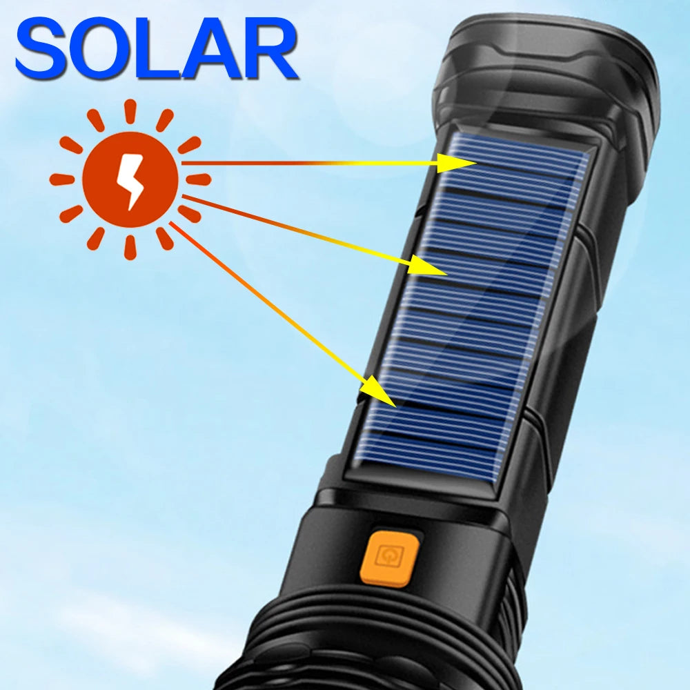 Linterna solar LED multifunción, linterna para exteriores de largo alcance, banco de energía de emergencia.