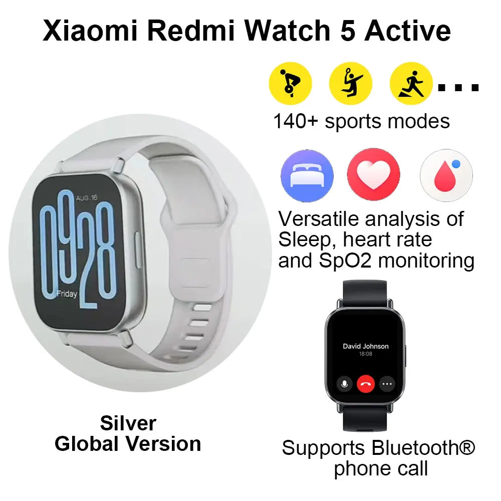 Xiaomi Redmi Watch 5 Active Smart Watch Bluetooth 5.3, monitor de oxígeno en sangre, frecuencia cardíaca, llamadas de voz por Bluetooth, pantalla LCD de 2 pulgadas.
