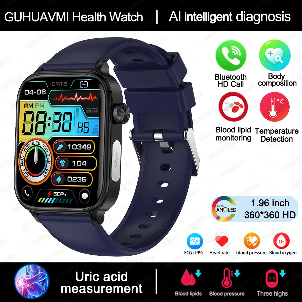 2025 New AI Diagnosis Blood Lipids Uric Acid Body composition Test Smart Watch For Men ECG+PPG Bluetooth Call Health Smartwatch