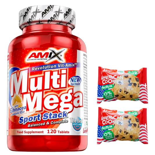 MULTI MEGA STACK (120TAB) - Amix + Pack regalo 2x3 american cookies protella | Multivitamínico con minerales | Hierro, zinc, calcio, magnesio, vitamina c,