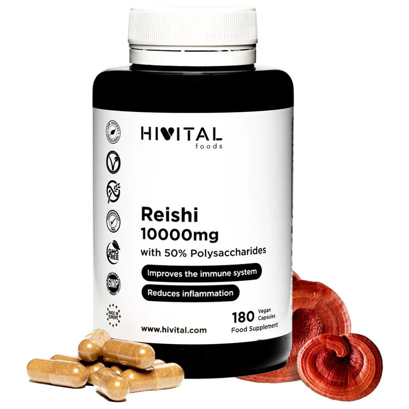 Reishi puro 10000 mg. 180 cápsulas veganas para 6 meses.