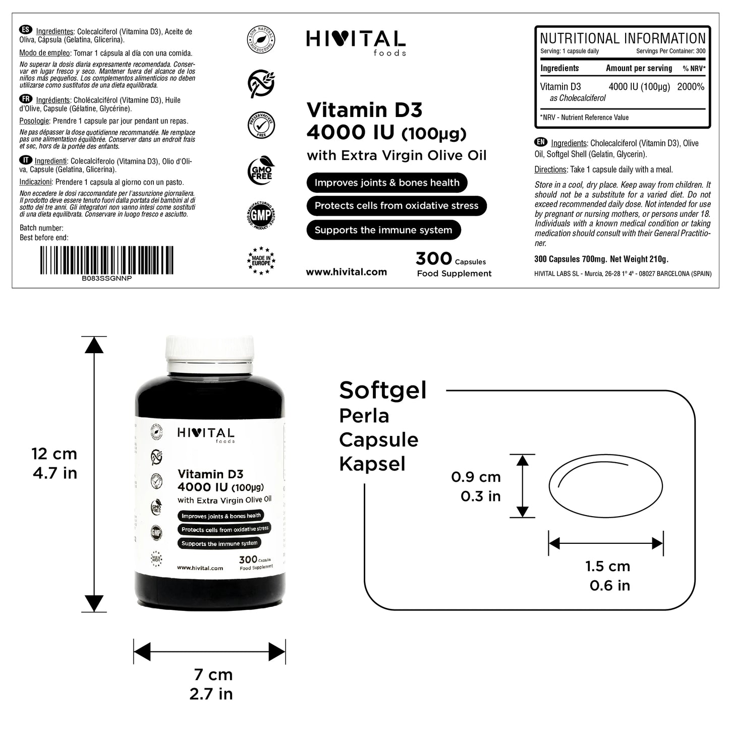 Vitamina D3 4000 UI 300 perlas (suministro para 10 meses),