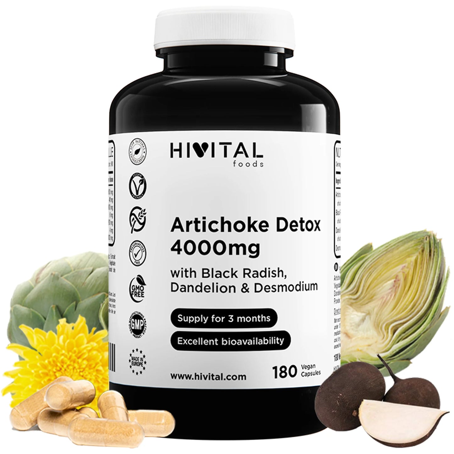 Alcachofa Detox 4000 mg. 180 cápsulas veganas para 3 meses de tratamiento.| Con alcachofa, rábano negro, diente de león y Desmodium. Diurético que desintoxica el hígado y los riñones, y mejora la digestión.