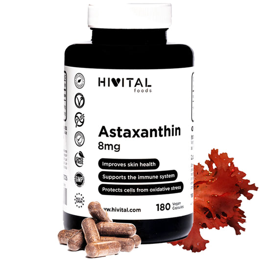 Astaxantina pura 8mg a partir de 160mg de Alga Natural Haematococcus Pluvialis 5% en Astaxantina. 180 cápsulas veganas para 6 meses. Antioxidante celular para mejorar la piel y el sistema inmunológico.