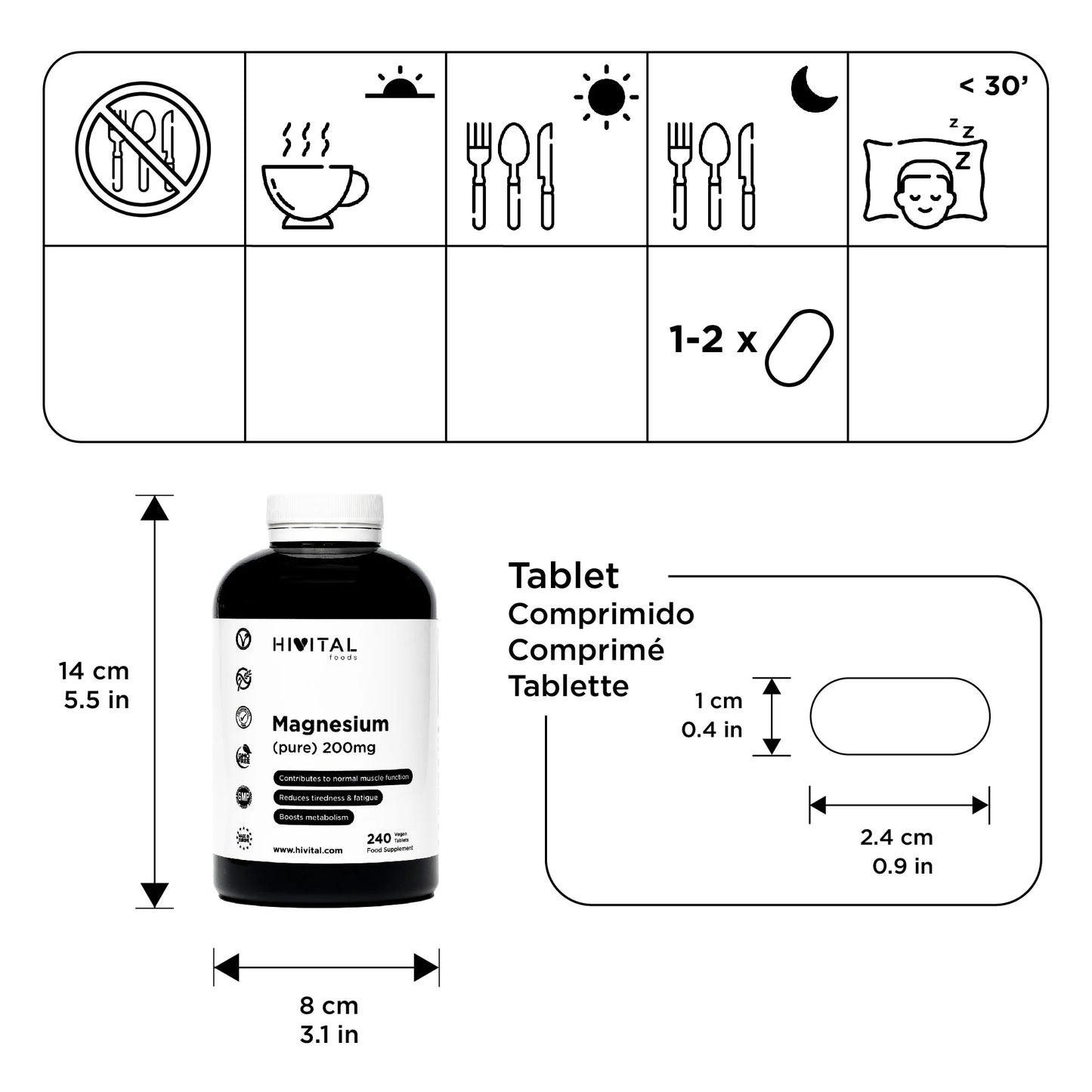 Magnesio puro 200 mg a partir de citrato de magnesio 240 comprimidos (suministro para 8 meses).