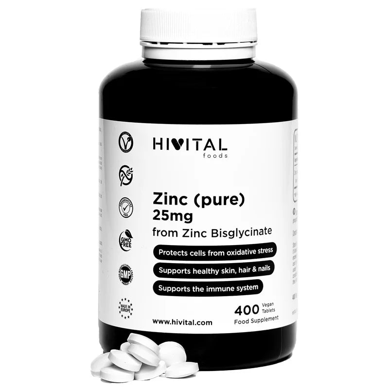 Zinc puro 25 mg a partir de bisglicinato de zinc. 400 comprimidos veganos para más de 1 año.