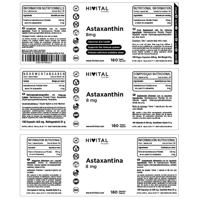 Astaxantina pura 8mg a partir de 160mg de Alga Natural Haematococcus Pluvialis 5% en Astaxantina. 180 cápsulas veganas para 6 meses. Antioxidante celular para mejorar la piel y el sistema inmunológico.