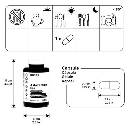 Astaxantina pura 8mg a partir de 160mg de Alga Natural Haematococcus Pluvialis 5% en Astaxantina. 180 cápsulas veganas para 6 meses. Antioxidante celular para mejorar la piel y el sistema inmunológico.