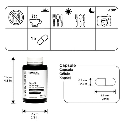 Reishi puro 10000 mg. 180 cápsulas veganas para 6 meses.