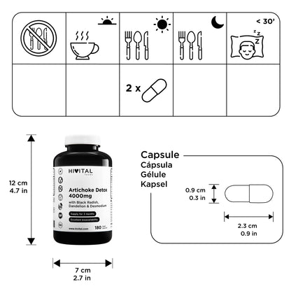 Alcachofa Detox 4000 mg. 180 cápsulas veganas para 3 meses de tratamiento.| Con alcachofa, rábano negro, diente de león y Desmodium. Diurético que desintoxica el hígado y los riñones, y mejora la digestión.