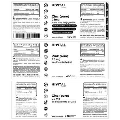 Zinc puro 25 mg a partir de bisglicinato de zinc. 400 comprimidos veganos para más de 1 año.