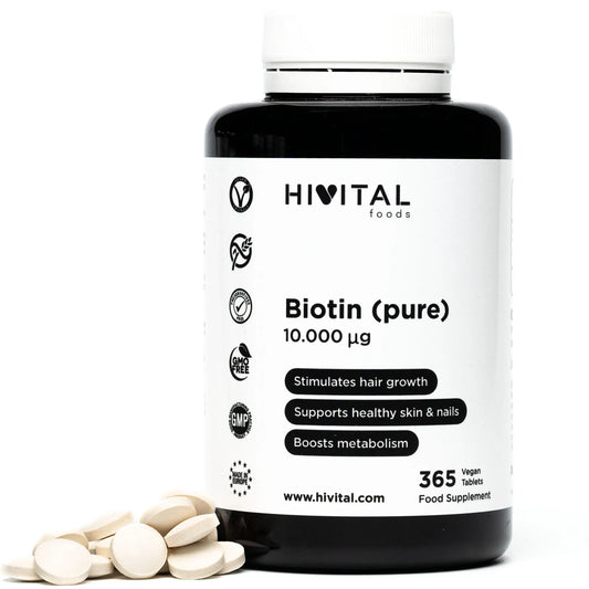 Biotina 10.000 mcg (vitamina B7) 365 comprimidos (suministro anual).