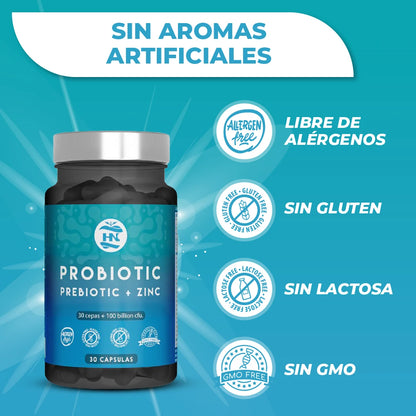 HN - Nutrición Saludable Probióticos y prebióticos intestinales 100 mil millones de UFC-30 cepas bacterianas probióticas y probióticas con Zinc + inulina para el apoyo inmunológico probióticos para la flora intestinal