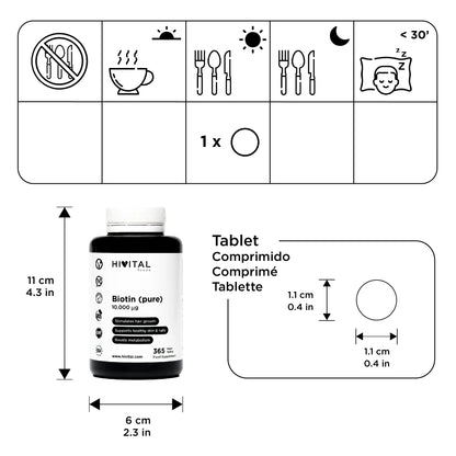 Biotina 10.000 mcg (vitamina B7) 365 comprimidos (suministro anual).
