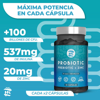 HN - Nutrición Saludable Probióticos y prebióticos intestinales 100 mil millones de UFC-30 cepas bacterianas probióticas y probióticas con Zinc + inulina para el apoyo inmunológico probióticos para la flora intestinal