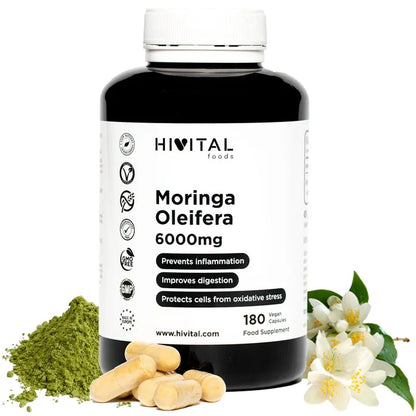 Moringa Oleifera 6000 mg. 180 cápsulas veganas para 6 meses.