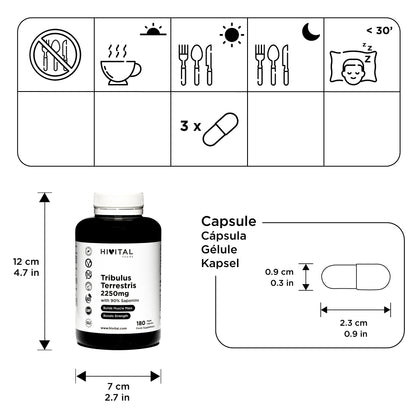 Tribulus Terrestris 2250 mg. 180 capsulas veganas para 2 meses de tratamiento