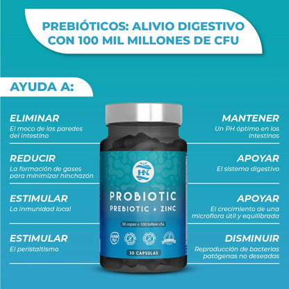 HN - Nutrición Saludable Probióticos y prebióticos intestinales 100 mil millones de UFC-30 cepas bacterianas probióticas y probióticas con Zinc + inulina para el apoyo inmunológico probióticos para la flora intestinal