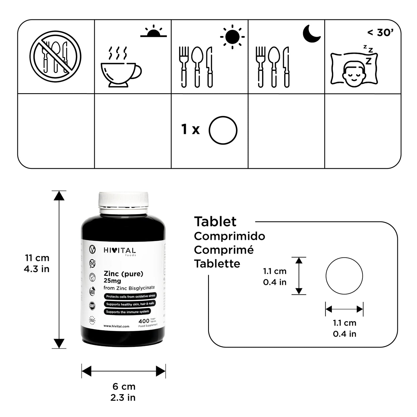 Zinc puro 25 mg a partir de bisglicinato de zinc. 400 comprimidos veganos para más de 1 año.