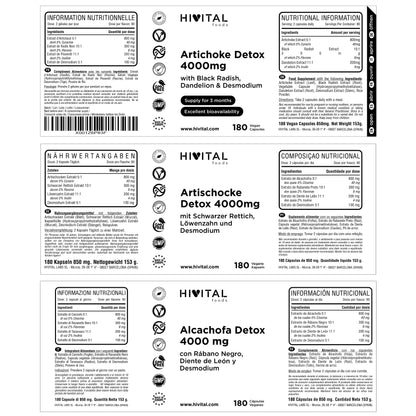 Alcachofa Detox 4000 mg. 180 cápsulas veganas para 3 meses de tratamiento.| Con alcachofa, rábano negro, diente de león y Desmodium. Diurético que desintoxica el hígado y los riñones, y mejora la digestión.