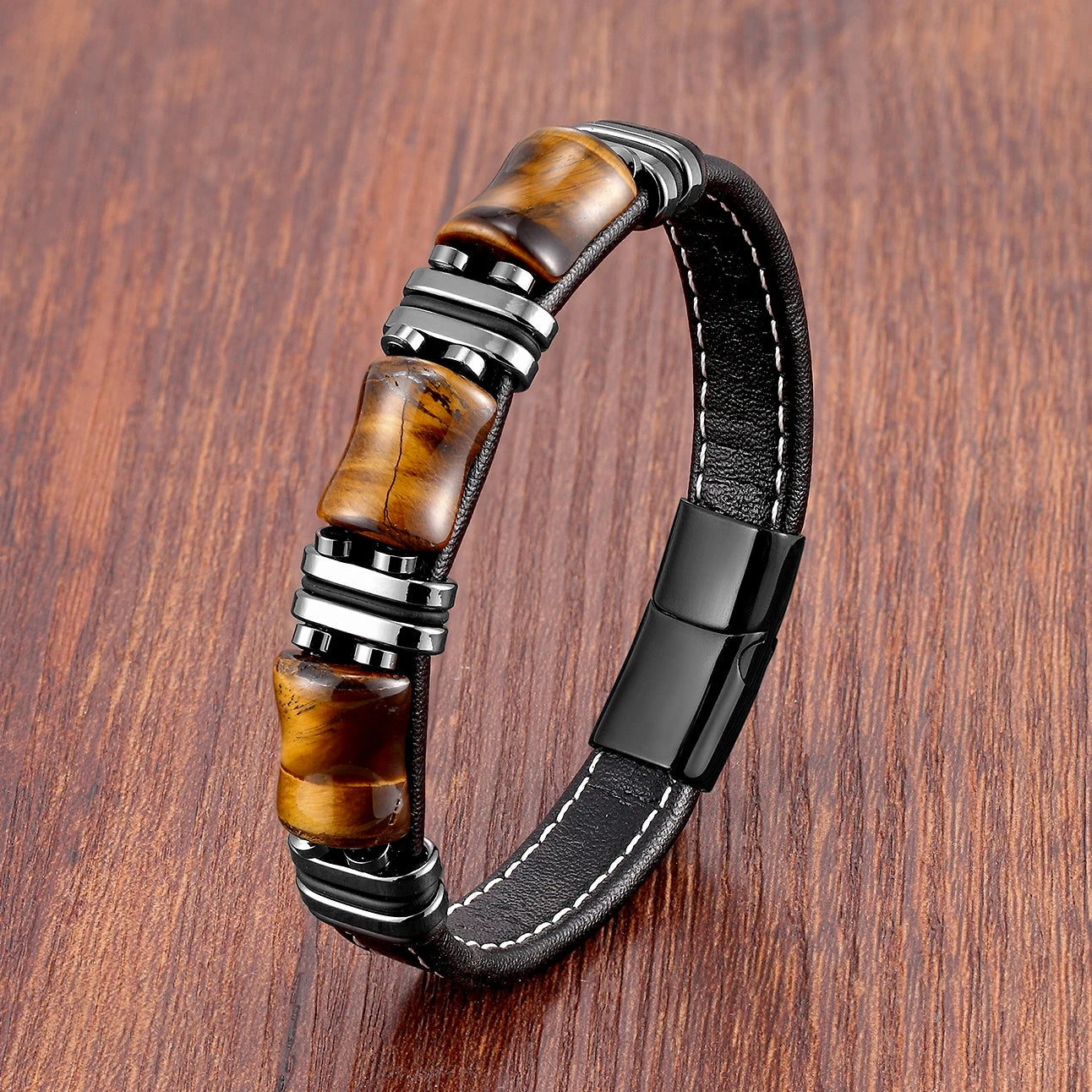 Pulsera de piedra natural con ojo de tigre, cadena de cuero negro, para hombre o mujer- 
 de acero inoxidable, joyería de moda .