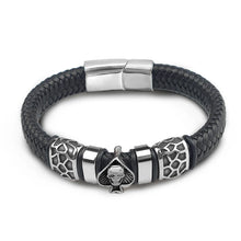 Cargar imagen en el visor de la galería, Pulseras de cuero trenzado MingAo de 12 x 6 mm, de acero inoxidable 316l, con dijes -cabeza de calavera y espadas - Pulsera punk.
