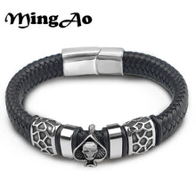 Cargar imagen en el visor de la galería, Pulseras de cuero trenzado MingAo de 12 x 6 mm, de acero inoxidable 316l, con dijes -cabeza de calavera y espadas - Pulsera punk.
