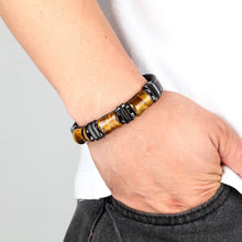 Cargar imagen en el visor de la galería, Pulsera de piedra natural con ojo de tigre, cadena de cuero negro, para hombre o mujer- 
 de acero inoxidable, joyería de moda .
