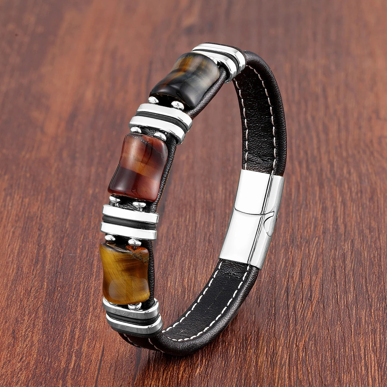 Pulsera de piedra natural con ojo de tigre, cadena de cuero negro, para hombre o mujer- 
 de acero inoxidable, joyería de moda .