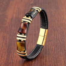 Cargar imagen en el visor de la galería, Pulsera de piedra natural con ojo de tigre, cadena de cuero negro, para hombre o mujer- 
 de acero inoxidable, joyería de moda .
