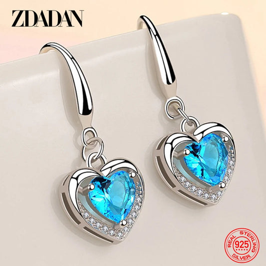 Pendientes colgantes de Circonita en forma de corazón de plata esterlina 925. Joyeria Fina