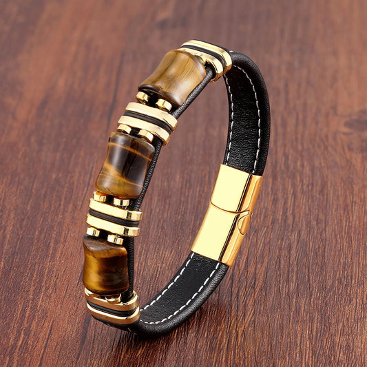 Pulsera de piedra natural con ojo de tigre, cadena de cuero negro, para hombre o mujer- 
 de acero inoxidable, joyería de moda .