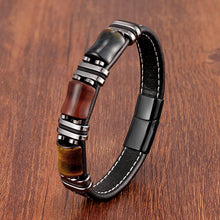 Cargar imagen en el visor de la galería, Pulsera de piedra natural con ojo de tigre, cadena de cuero negro, para hombre o mujer- 
 de acero inoxidable, joyería de moda .
