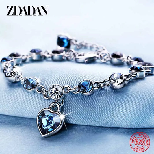 Pulsera de cadena con dije de corazón de zafiro de plata esterlina 925 .Joyeria Fina.