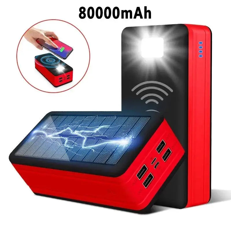 Cargador solar de 100.000 mAh y 120 W con 4 puertos USB para todo tipo de teléfonos móviles y dispositivos electrónicos.