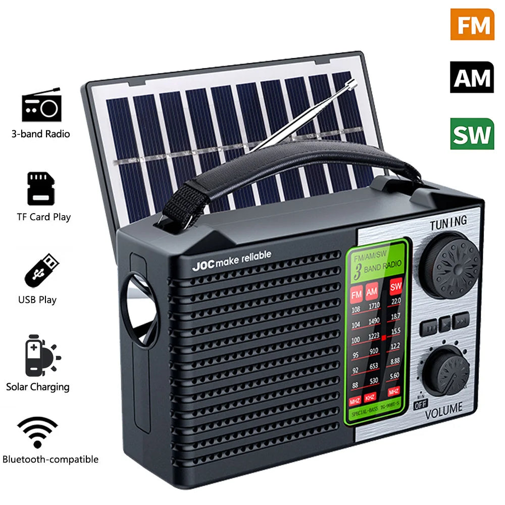 Radio portátil FM AM SW recargable para exteriores, solar, de banda completa, de alta sensibilidad, con iluminación LED y altavoz Bluetooth.