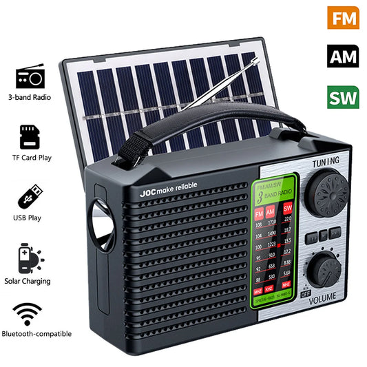 Radio portátil FM AM SW recargable para exteriores, solar, de banda completa, de alta sensibilidad, con iluminación LED y altavoz Bluetooth.