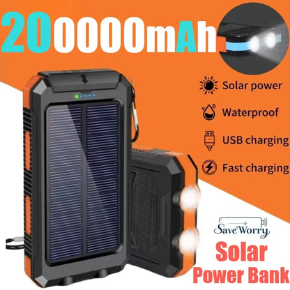Banco de energía solar para exteriores, 200.000 mAh, resistente al agua, con doble puerto USB, para viajes y acampadas.