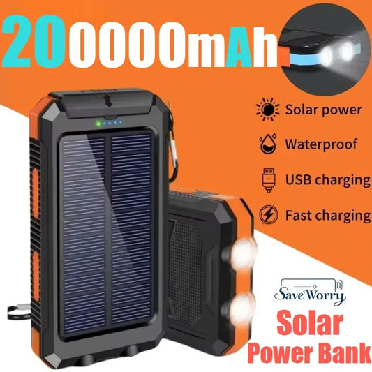 Banco de energía solar para exteriores, 200.000 mAh, resistente al agua, con doble puerto USB, para viajes y acampadas.