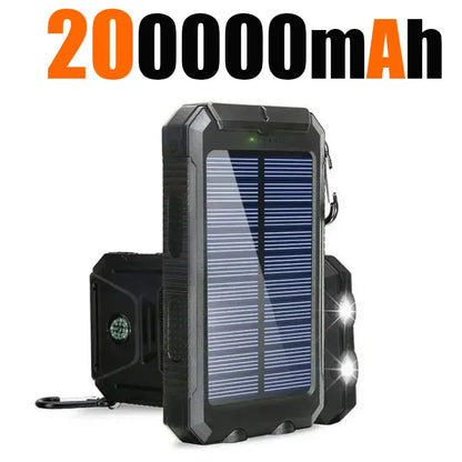 Banco de energía solar para exteriores, 200.000 mAh, resistente al agua, con doble puerto USB, para viajes y acampadas.