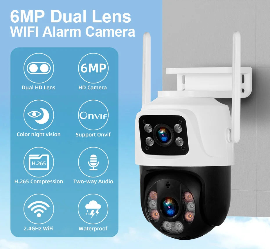 Cámara IP inalámbrica KERUI para exteriores con doble lente de 6 MP y WiFi
+ videovigilancia de seguridad para el hogar, detección humana, pantalla dual Icsee.