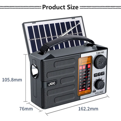 Radio portátil FM AM SW recargable para exteriores, solar, de banda completa, de alta sensibilidad, con iluminación LED y altavoz Bluetooth.