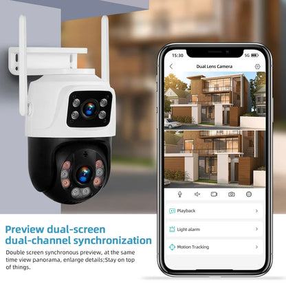 Cámara IP inalámbrica KERUI para exteriores con doble lente de 6 MP y WiFi
+ videovigilancia de seguridad para el hogar, detección humana, pantalla dual Icsee.