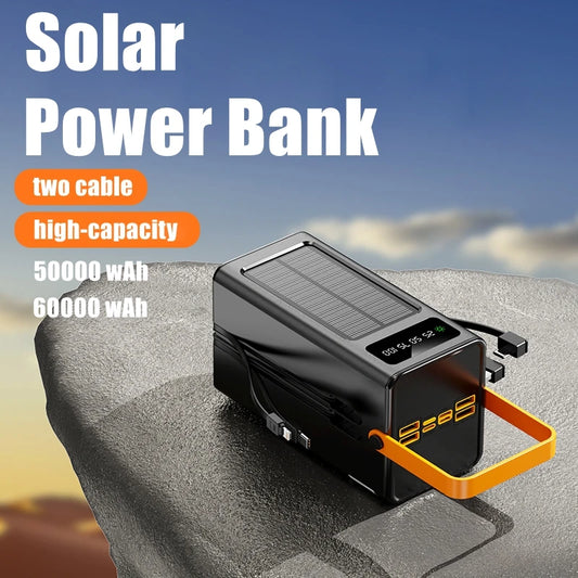 Banco Bateria  de carga solar de 50000/60000 mAh, batería externa de gran capacidad y engrosada, para viajes al aire libre, con luz LED, para teléfono móvil.