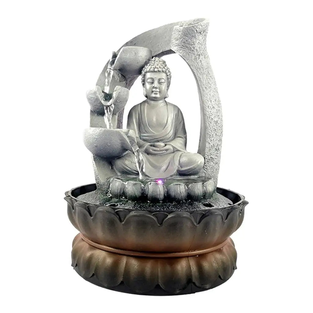 Fuente de cascada para interiores, fuente de relajación para mesa de oficina
Vista con luz LED, estatuas de Buda de Feng Shui de la suerte.